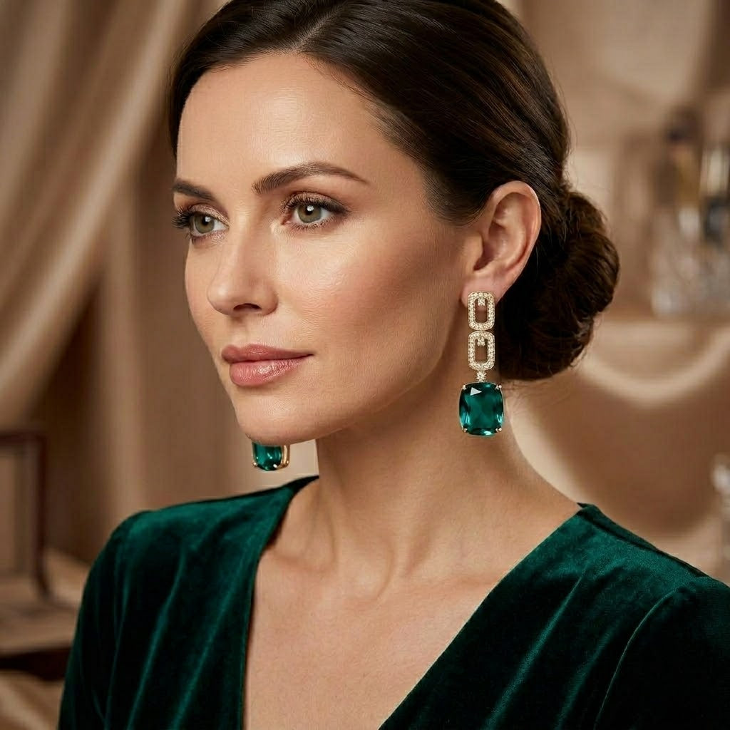 Emerald Luxe Drop Earrings with Pavé Zircon Accents