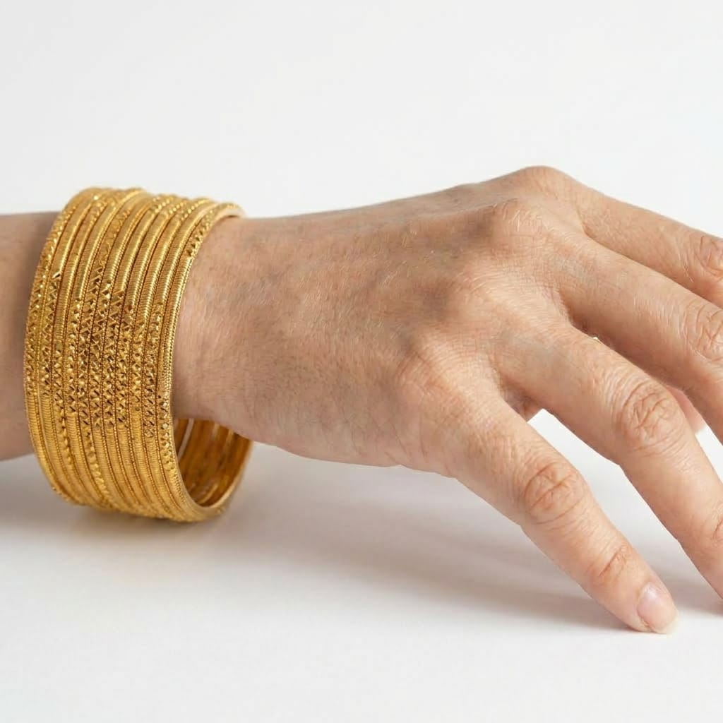 Golden Stack Bangle Set with Diamond-Cut Detailing