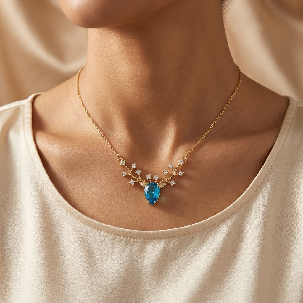 Azure Blossom Branch Necklace with Blue Topaz Crystal