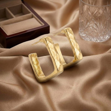 Hammered Square Hoop Earrings with Textured Gold Finish