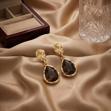 Smoky Drop Earrings with Quartz Stone & Gold Detail
