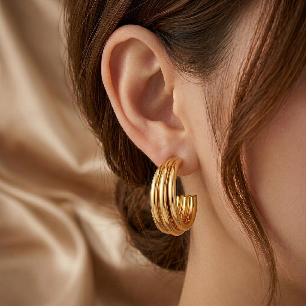 Triple Arc Gold Hoop Earrings with Mirror Finish