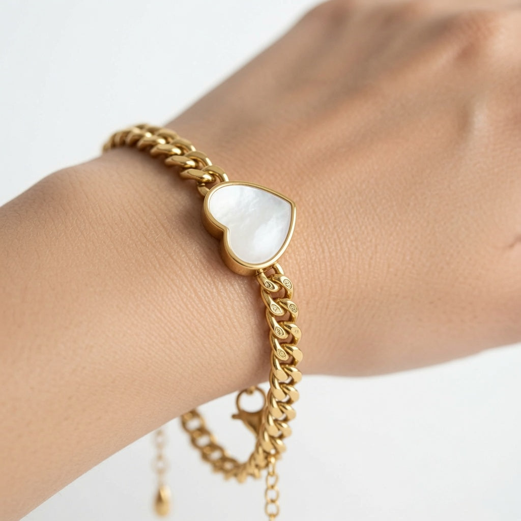 Golden Heart Charm Bracelet with Mother of Pearl Accent