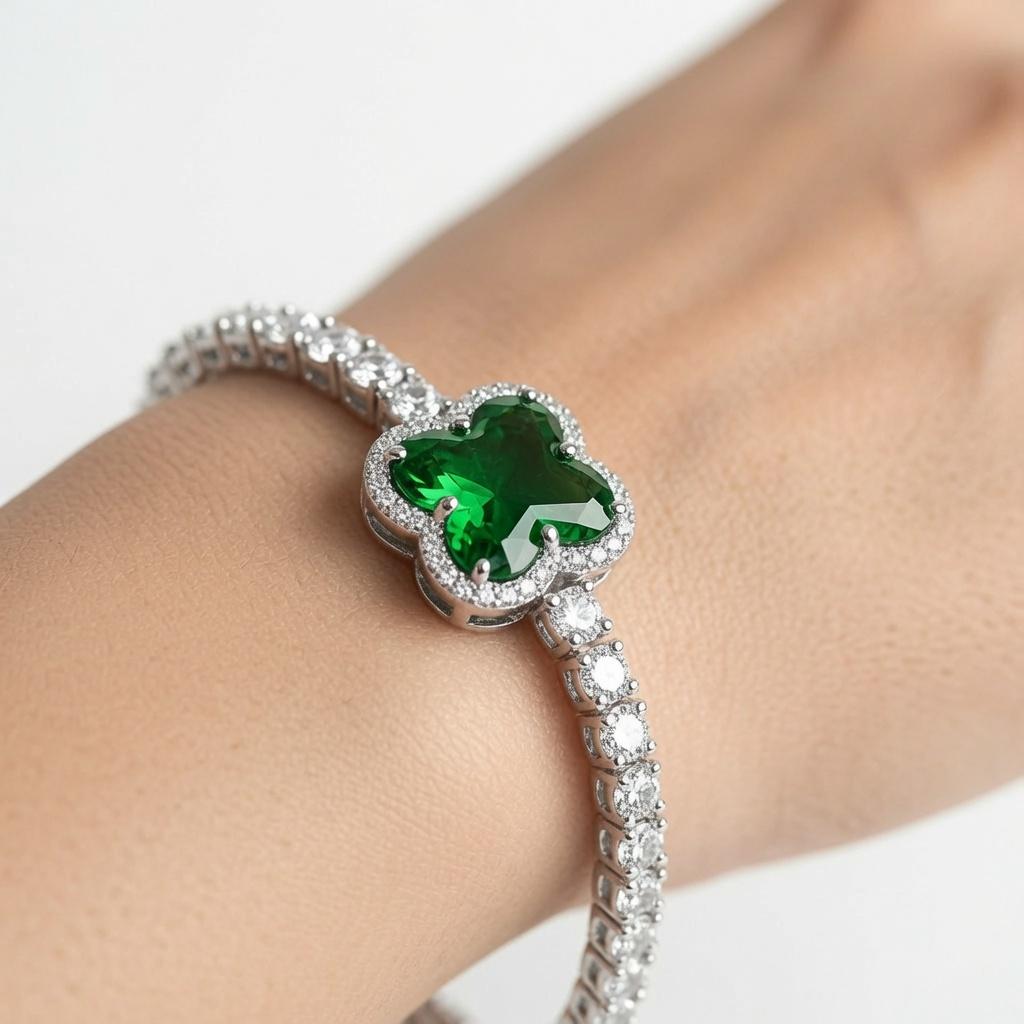 Emerald Clover Bracelet with Zircon Tennis Chain