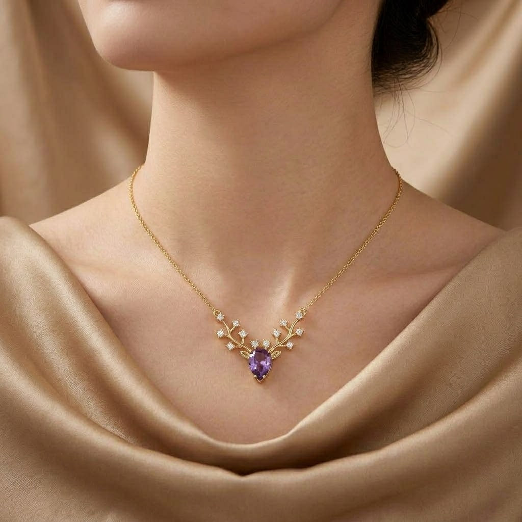 Enchanted Antler Amethyst Necklace with Zircon Accents