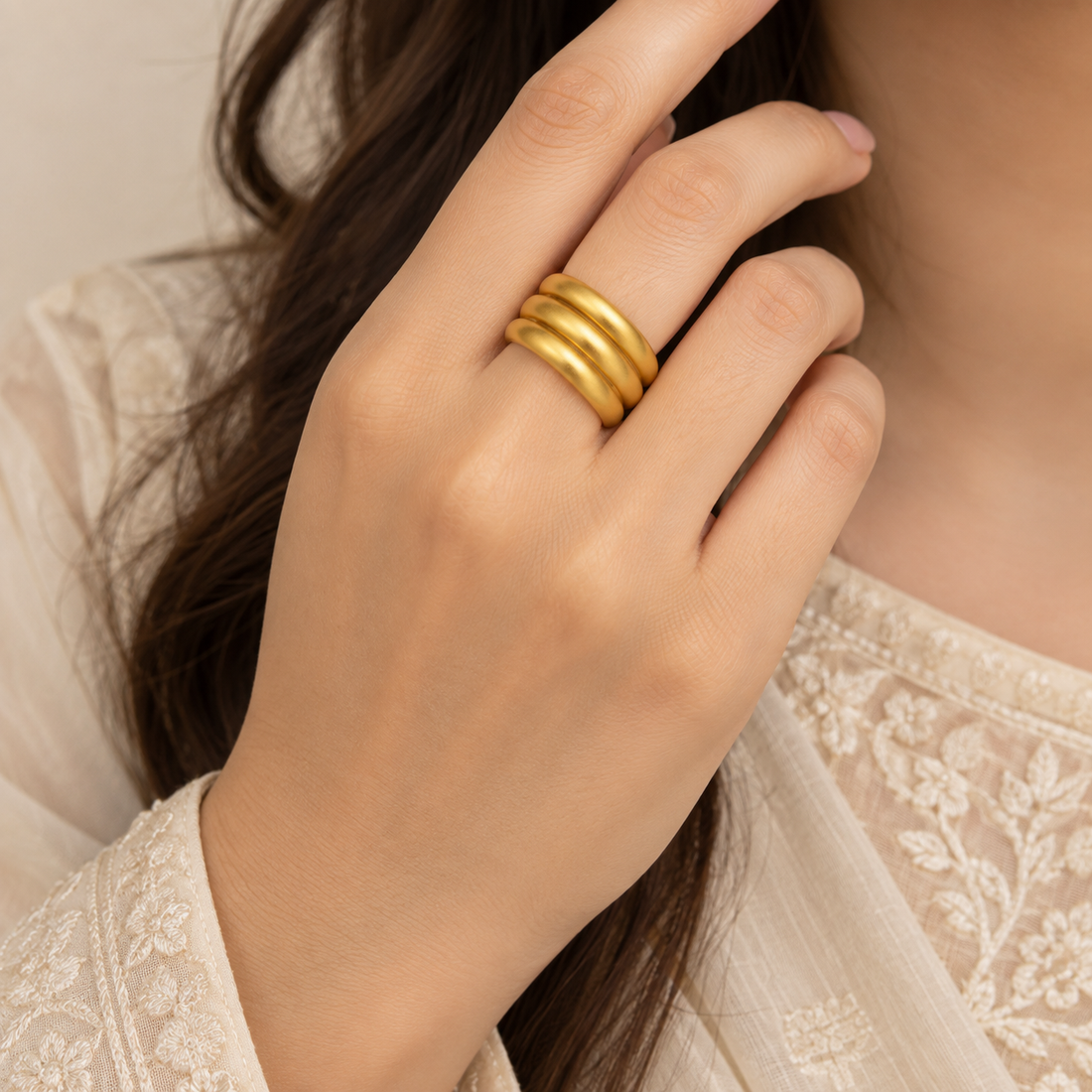 Triple Ridge Bold Ring with Satin Gold Finish