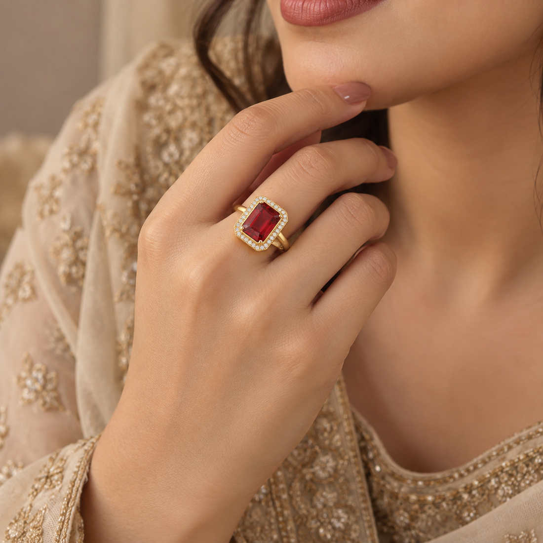 Ruby Halo Cocktail Ring with Pavé Zircon Frame
