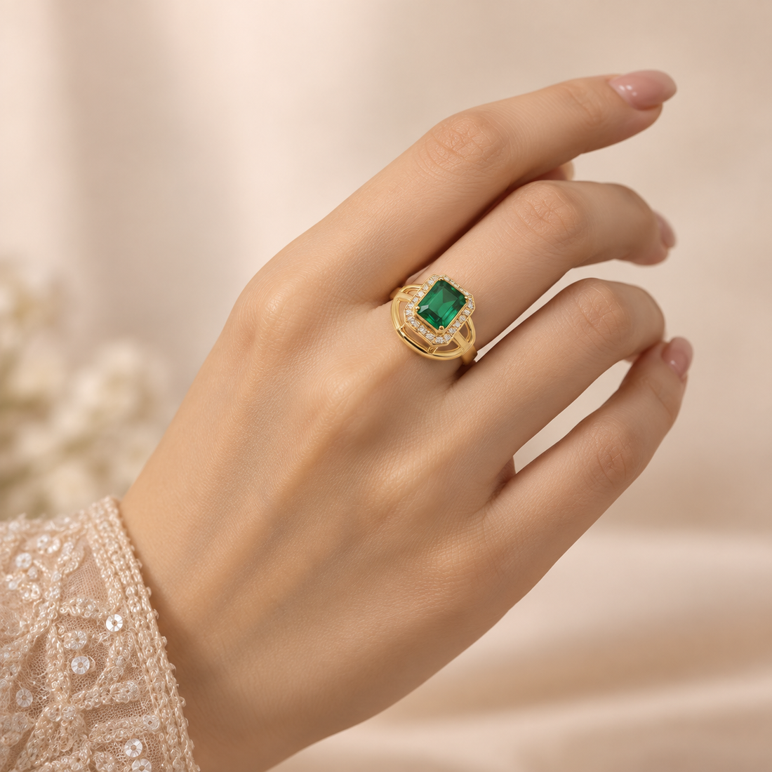 Emerald Halo Cocktail Ring with Pavé Zircon Accents